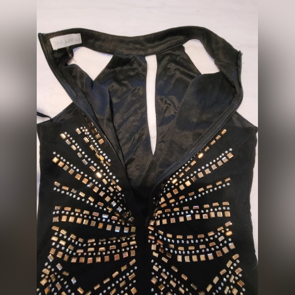 Paradiso Black and Gold Rhinestone Gem Embellished Mini Halter Dress Size Large - Picture 11 of 15